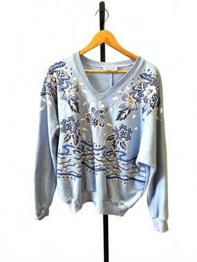 rafael XL  Light Blue Floral Pattern V-Neck Sweater Sweatshirt